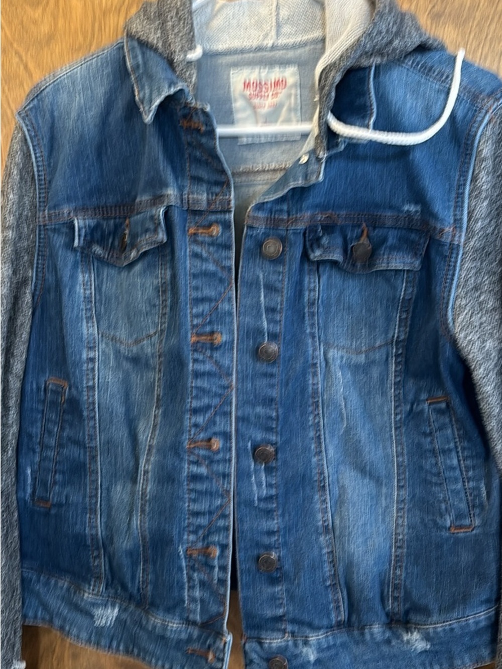 Mossimo Supply Co. Blue Denim Jean Jacket with Gray Hoodie Sleeves